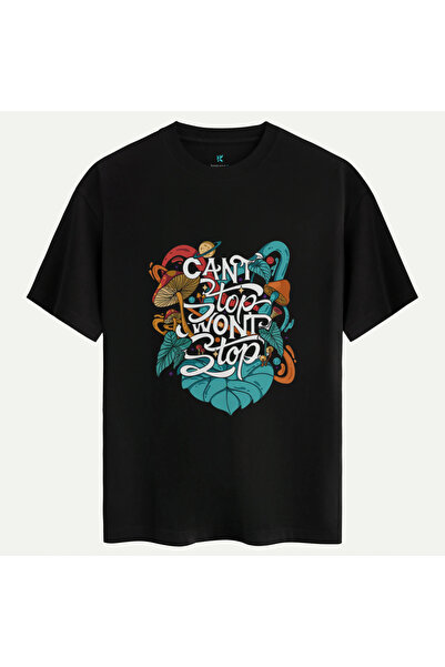 Oversize %100 Pamuk Unisex Can'T Stop Won'T Baskılı Tişört - Siyah