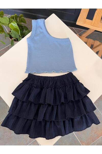BAHNUR Girl's Baby Baby Blue One-Shoulder Crop Blouse and Navy Blue Layered R...