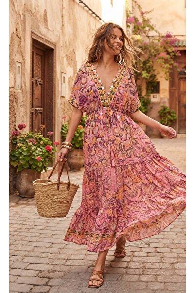 moda gk Boncuk/Nakış Detaylı Parlak Desenli Bohem Pamuk/İpek Elbise