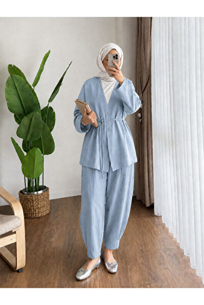 RFK Butik Kadın Bel Bağlamalı Şalvar Kesim Pantolonlu Kimono Takım - Mavi