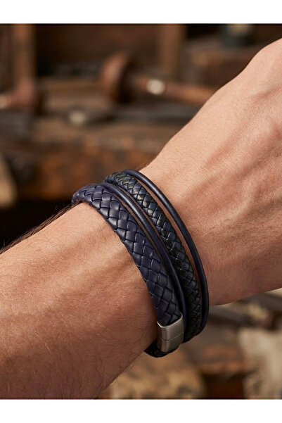 Feronnucci Unisex Pu Leather Combination Bracelet Navy Blue Weave Leather Mag...