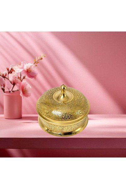 Al Athar Arts Brass Emboss Round Sugar Bowl With Lid With Gold Finish(diameter 5''x height 4''x weight:0.650gram)