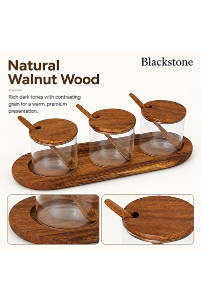 Blackstone Walnut Wood Condiment Jar Set with Tray, 3 Glass Jars with Wooden Lids and Spoons 10-Piece Set