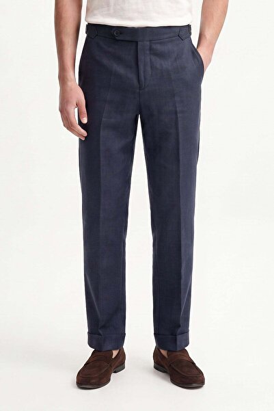 Antioch Navy Blue 100% Linen Pants with Buckle Detail