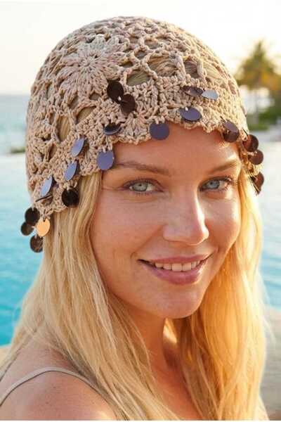 Uniquetrenders Women's Sequin Decorated Knitted Beanie with Mesh Texture Bohe...