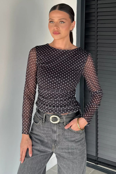 Aryena بلوزة نسائية سوداء بخصر مطاطي ونقاط بولكا