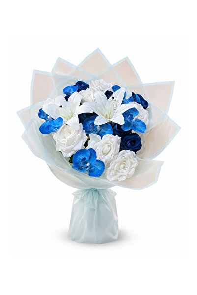 Rose Art Flowers Mavi Beyaz Yapay Lilyum ve Gül Çiçek Buketi Sevgiliye Doğum ...