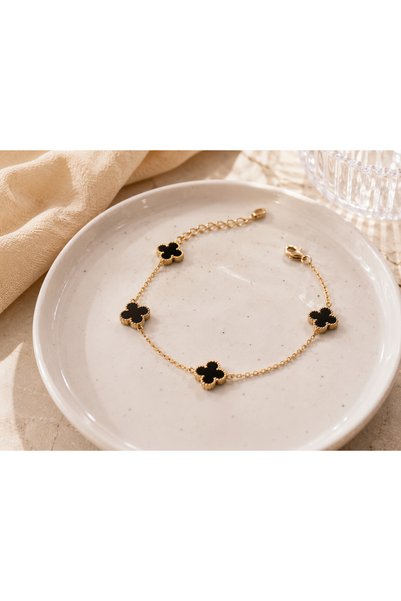 Gökkuşağı Sepeti Steel Black Big Clover Bracelet Looking Gold Color Minimal Elegant Women's Bracelet