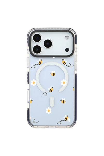 Casen iPhone 17 Pro Yanları Siyah Magsafe Arty Şeffaf Bees and Flowers Tasarı...