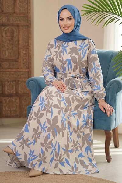 TOFİSA Desenli Elbise Mavi - 28602-MAVI