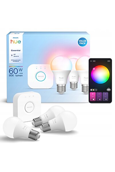 Philips Pachet Esențial: Becuri Ambiance Alb și Color 3X E27 + Hue Bridge