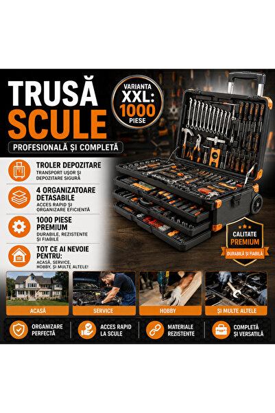 Bigstren Trusă de scule tip cărucior XXL, 1000 de piese, Oțel Crom-Vanadiu, 4...