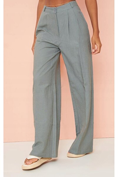 NO BRAND Pantaloni gri drepți suedezi cu talie înaltă din bumbac și in Pretty...