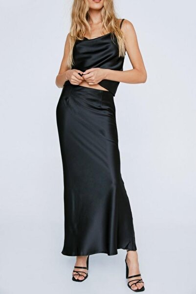 NO BRAND Fustă maxi din satin negru, simplă, netedă, cu fermoar, boohoo 38