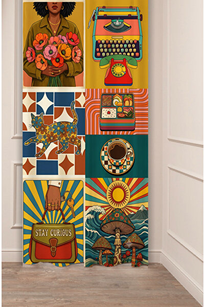 GREENDECOR Boho Retro Daktilo ve Çiçek Kolajı Dijital Baskılı Fon Perde Özel ...