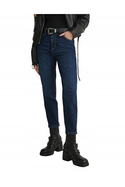 NO BRAND Pantaloni blugi din bumbac, albastru marin, croială mom, talie înalt...