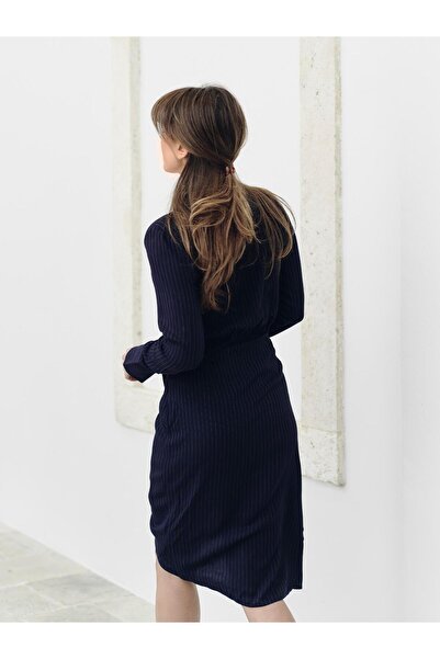 NO BRAND Rochie bleumarin cu dungi, petrecută, clasică, cu mânecă lungă, midi 34