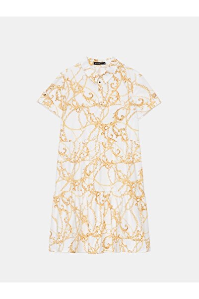 NO BRAND Rochie mini trapez florală din bumbac, cu mânecă scurtă, alb-auriu, 40