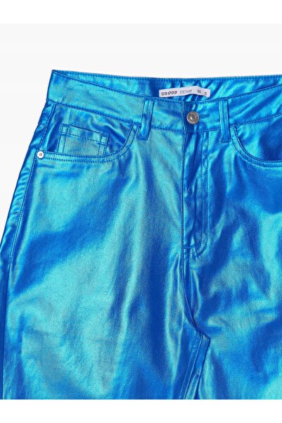 NO BRAND Pantaloni albaștri metalizat, croială dreaptă, talie înaltă clasică, 34