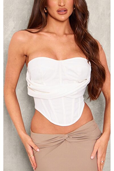 NO BRAND Top corset clasic alb, cu umerii goi, cu fermoar, Prettylittlething 44