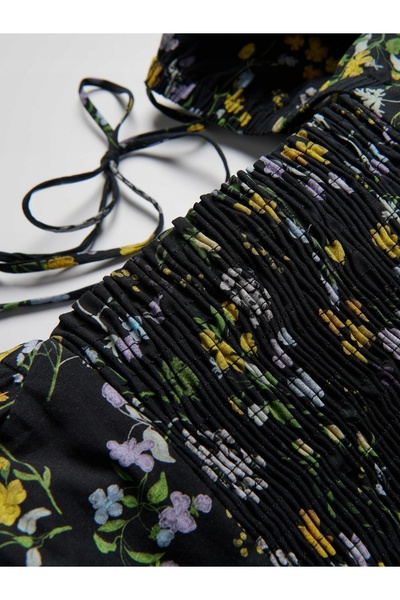 NO BRAND Rochie neagră din bumbac, lungime midi, cu imprimeu floral, mâneci b...