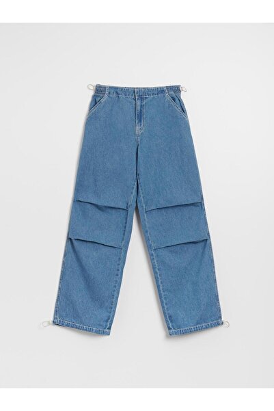 NO BRAND Pantaloni albastri lungi, largi, din bumbac, cu manșete rulate, tali...