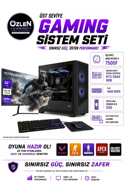 ÖZLEN X26 RYZEN 5 7500F RTX 5060 8GB 16GB DDR5 RAM 500GB M.2 SSD 24'' Full HD...