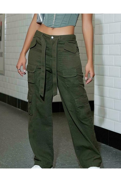 NO BRAND Pantaloni clasici drepți cu buzunare, lungi, cu curea, kaki, Shein S
