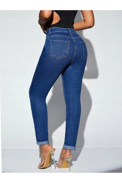 NO BRAND Blugi bleumarin, pantaloni strâmți, uni, cu talie înaltă, Shein 30/32
