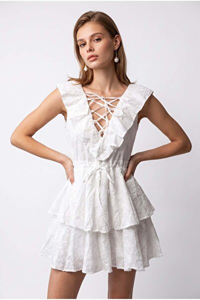 Mixray 2200 Women's Ruffled Embroidered Flounce V-Neck Mini Dress White