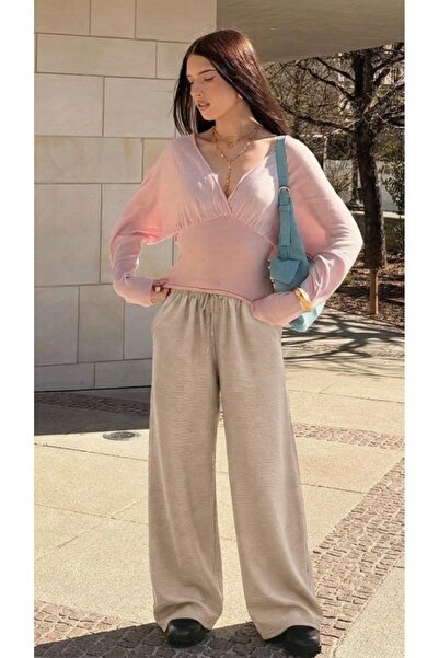 DAMGA JEANS Pantaloni de damă de vară, texturati, cu picior larg, din in crem