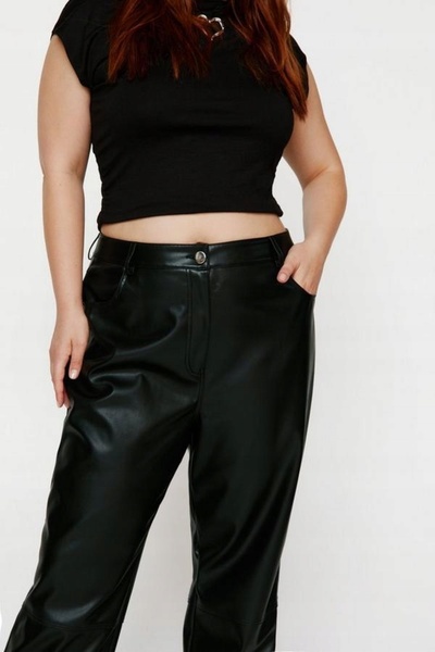 NO BRAND Pantaloni negri din piele ecologică, croială dreaptă, perforați, Gal 50