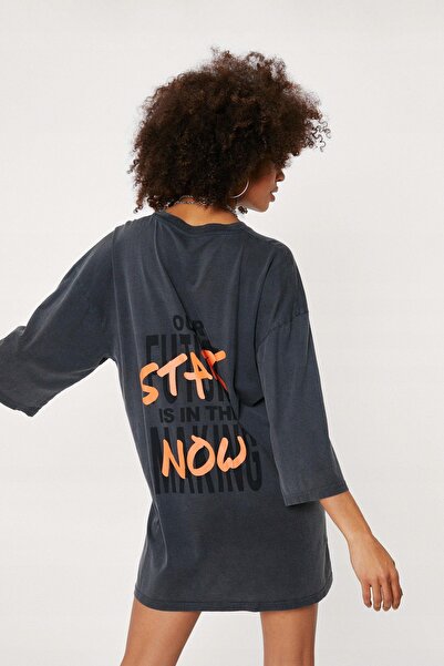NO BRAND Rochie tricou largă gri imprimată cu Gal 34