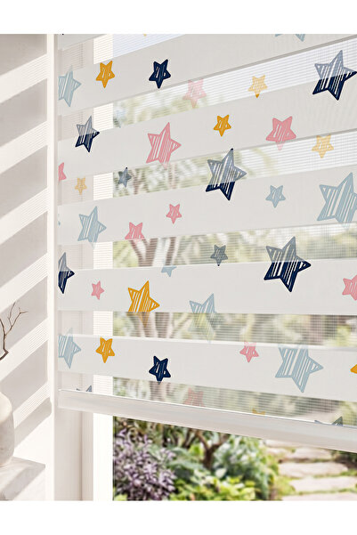 AD Home Kuyruklu Pastel Yıldızlar Dijital Baskılı Çocuk Odası Zebra Perde