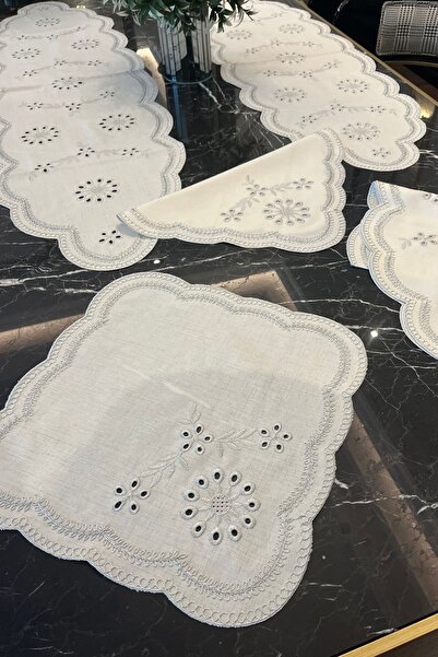 Tropikhome Brode Nakışlı 5 Parça Keten Efektli Amerikan Servis Supla Ve Runner Seti, Sehpa Üstü Runner