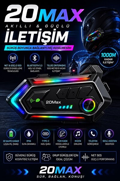 wunitech 20Max Telsiz Özellikli İntercom 5.3 RGB Motorcu Kask Kulaklığı Bluet...