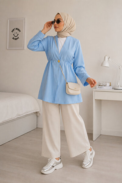 ShopFast Beli Lastikli Kolu Katlamalı Tek Düğmeli Krep Kimono