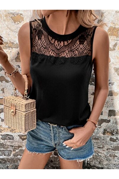 Veraura Lifestyle Women's Sleeveless Crew Neck Lace Detailed Viscose Blouse