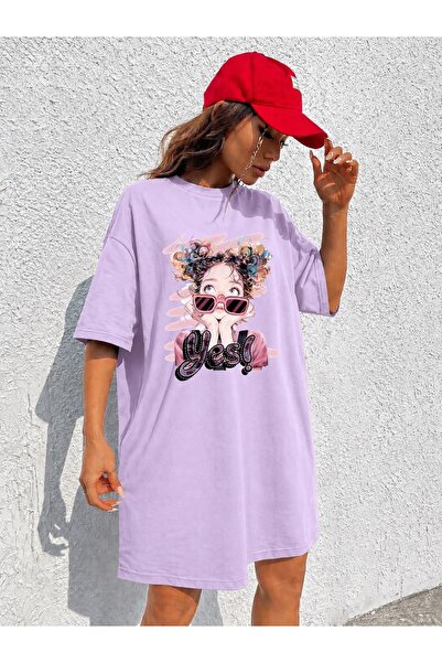 classy moda تي شيرت نسائي طويل جدًا مطبوع عليه شكل نظارة