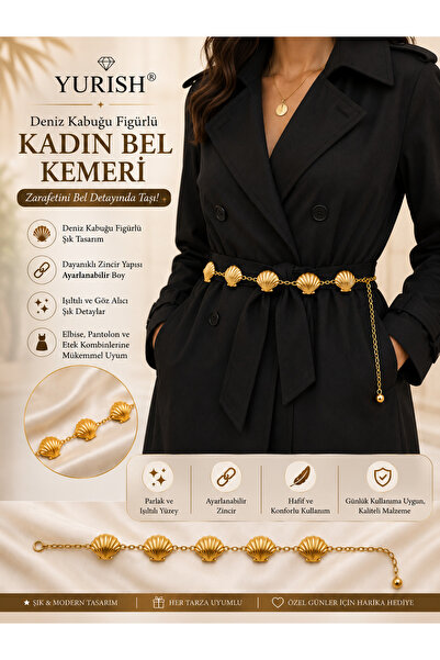 YURISH Kadın Gold Midye Figürlü Bel Zinciri Kemer - Elbise Pantolon Ve Etek Uyumlu Şık Aksesuar