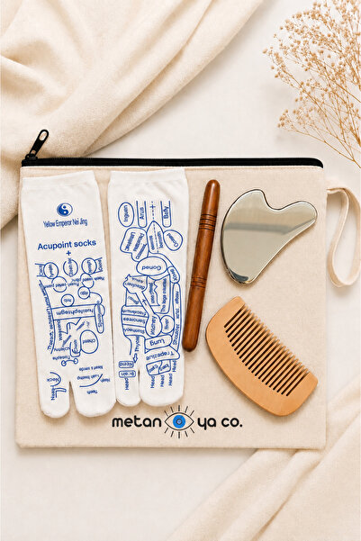 Metanoyaco Akupunktur Masaj Çorabı & Ahşap Masaj Çubuğu & Gua Sha & Tarak (Ma...