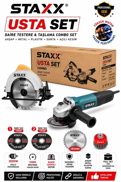 STAXX POWER Usta Set 185mm Daire Testere + 115MM Avuç Spiral Taşlama Combo Se...