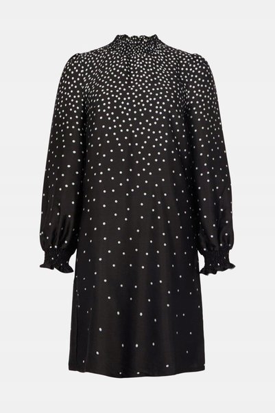 NO BRAND Rochie neagră, croială dreaptă, cu buline, guler ridicat, mânecă lun...