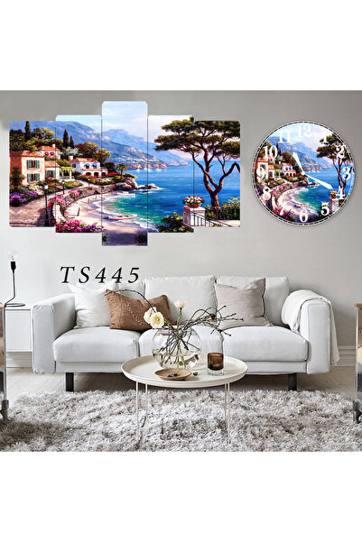 BellaaaModa Manzara Dekoratif Desenli Mdf Tablo 5 Parça Set ve Saatli Takım, ...