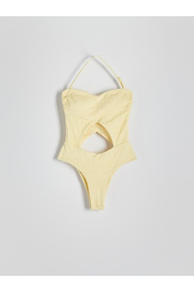 NO BRAND Costum de baie întreg texturat galben cu decupaje Reserved 40