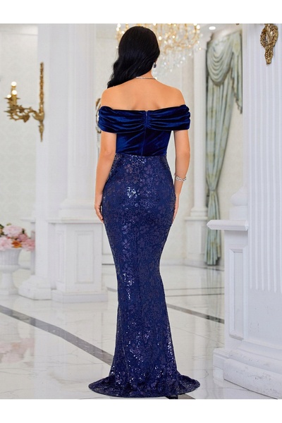 NO BRAND Rochie maxi din catifea albastru marin cu paiete Missord 36