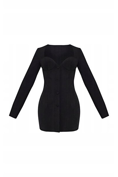 NO BRAND Rochie mini neagră, netedă, cu mânecă lungă și nasturi, Prettylittle...