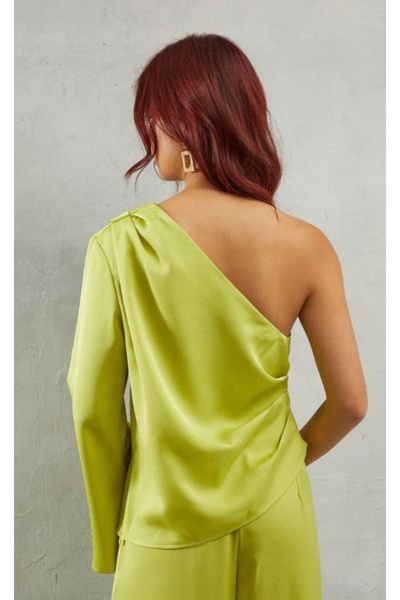 NO BRAND Bluză din satin verde lime, cu mânecă lungă, asimetrică, Warehouse 38