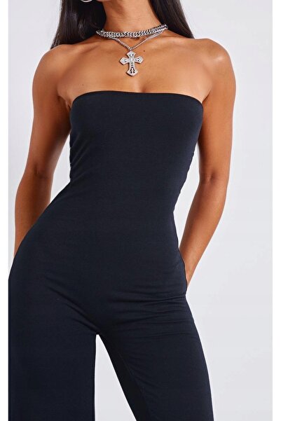 NO BRAND Salopetă neagră cu picior lung, cu umerii goi, Prettylittlething 36