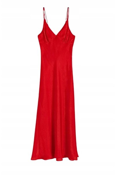 NO BRAND Rochie maxi de cocktail din satin roșu, cu bretele, mărimea S.